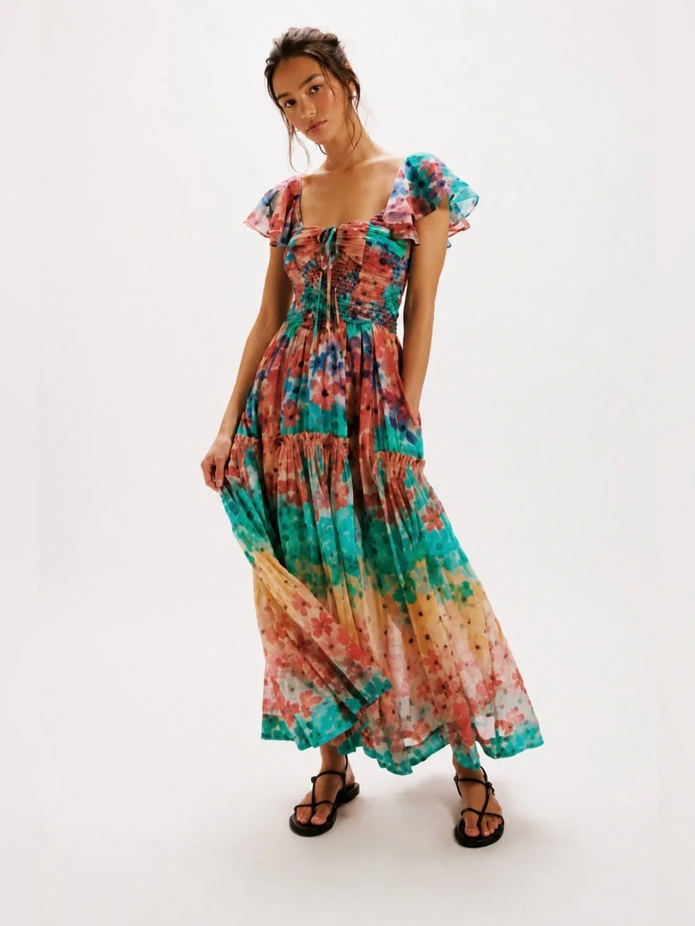 Free People Sunshine Maxi Dress Rainbow Floral Smocked Sundress Medium